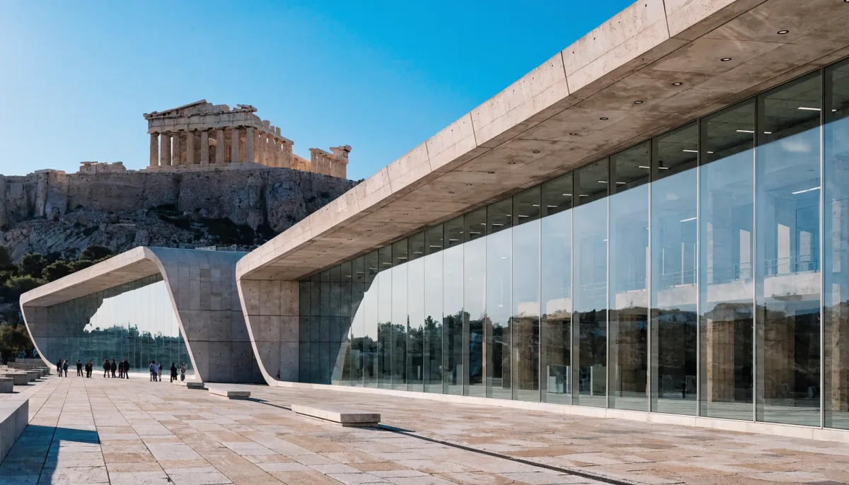 Muzeul Acropolei din Atena - cladire moderna cu vedere la Partenon